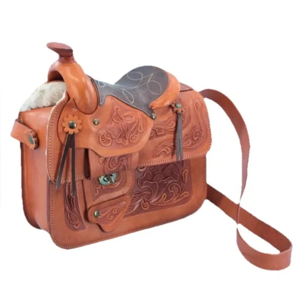 SADDLE vintage Handmade, Artisan Hand Tooled Mexican Leather Shoulder Bag - Picture 3 of 15